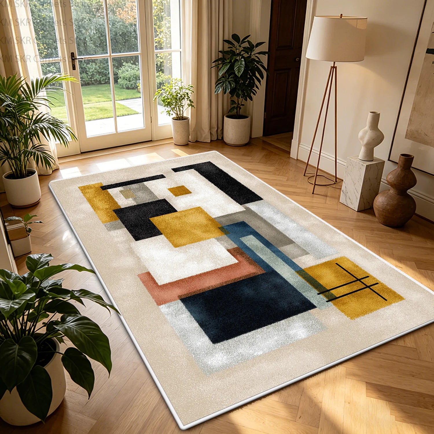 Nordic Geometric Color-Block Washable Living Room Rug – Non-Slip Large Carpet