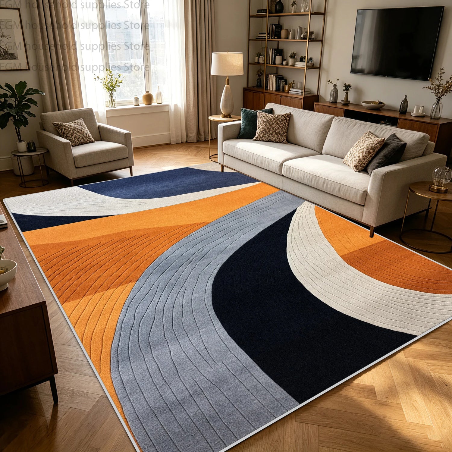 Modern Blue Orange Geometric Abstract Carpet Living Room Large Area Rugs Bedroom Decor Washable Non-slip Soft Fluffy Floor Mat