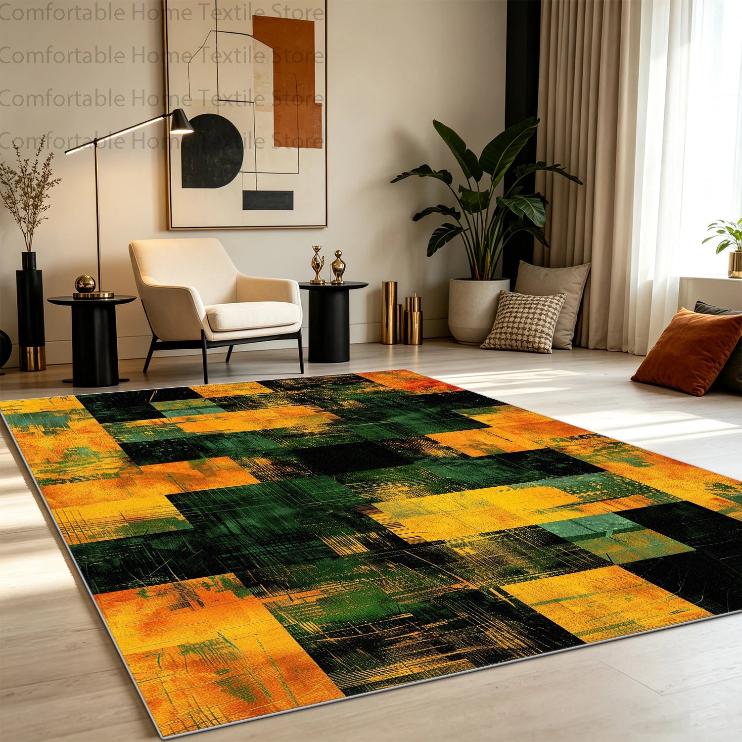 Modern Abstract Style Art Grid Lounge Carpet Non-slip Fluffy Soft Living Room Rug Washable Foldable Big Size Dining Room Mat