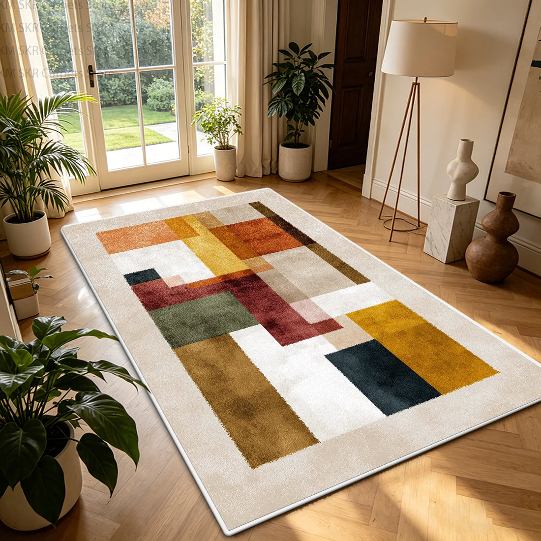 Ins Nordic Geometric Large Living Room Carpet Decoration Bedroom Washable Non-slip Color Blocking Rug Short Velvet Study Mat