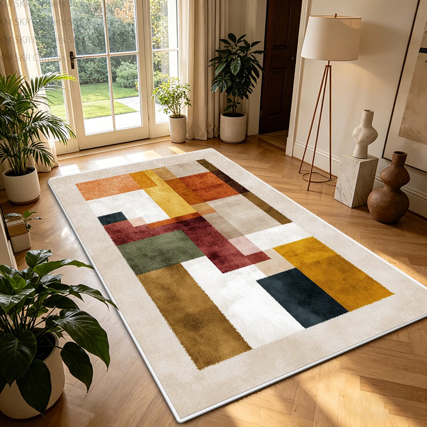 Nordic geometric color block washable non-slip living room rug.