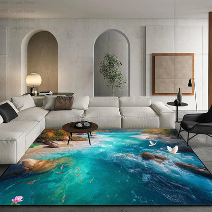 3D Ocean Beach Print Living Room Carpet Light Luxury Decoration Home Sofa Area Washable Rugs Hotel Bedroom Bedside Soft Foot Mat