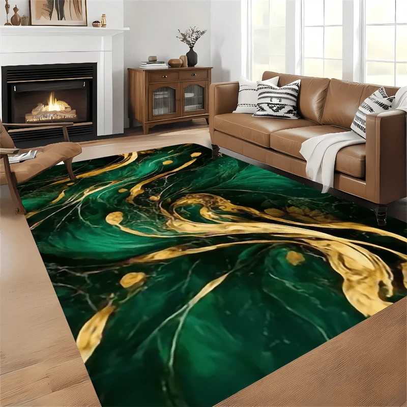 Flannel Printed Green Gold Marble Rug Abstract Art Design Soft Fleece Floor Mat Living Room Carpet Modern Decor Luxury Rugs