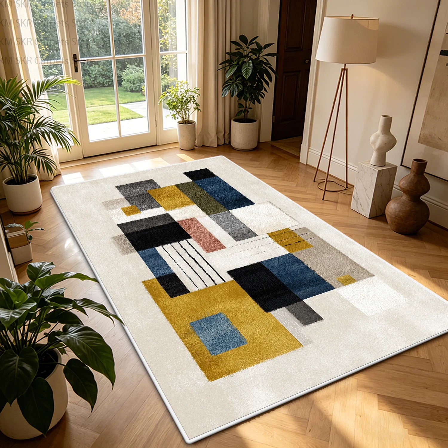 Nordic Geometric Color-Block Washable Living Room Rug – Non-Slip Large Carpet