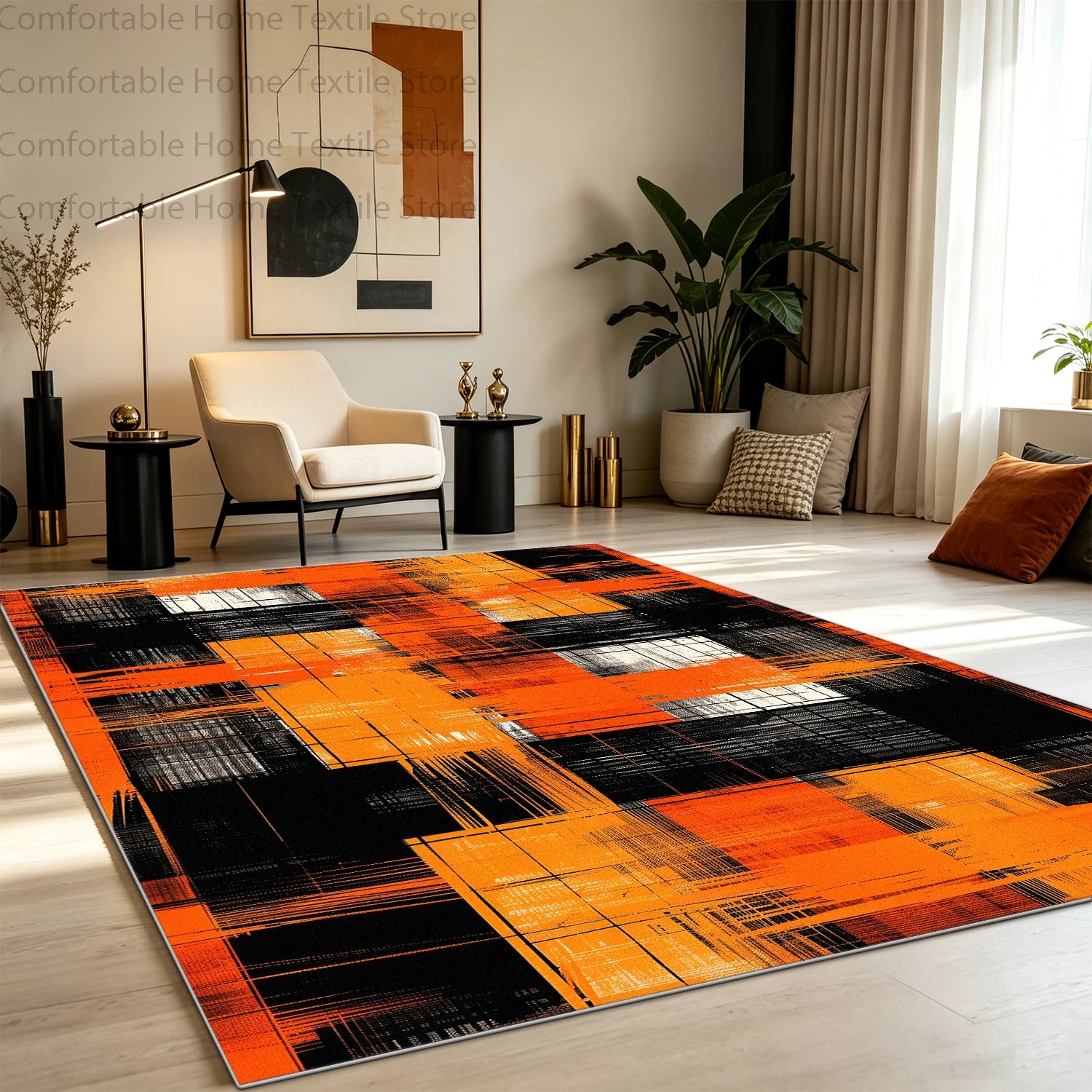 Modern Abstract Style Art Grid Lounge Carpet Non-slip Fluffy Soft Living Room Rug Washable Foldable Big Size Dining Room Mat
