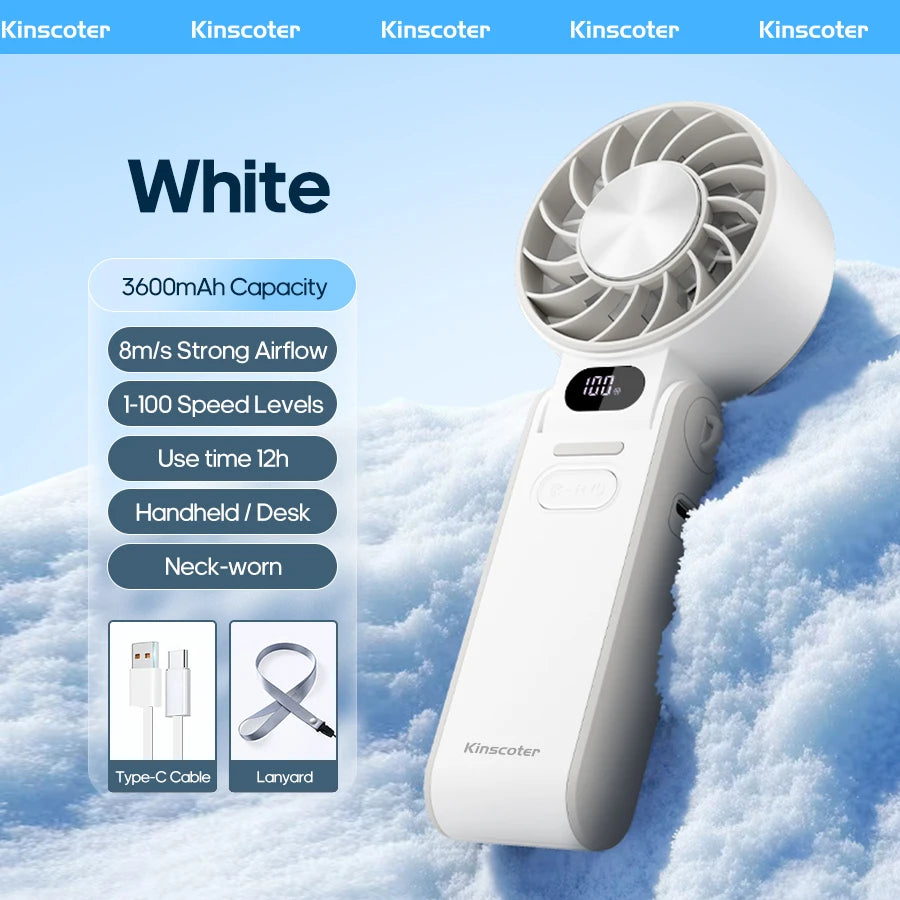 Portable High Speed Cooling Handheld Fan 3600mAh Rechargeable 100 Speed Adjustable Mini Foldable Air Cooling Turbo Fan &amp; Lanyard