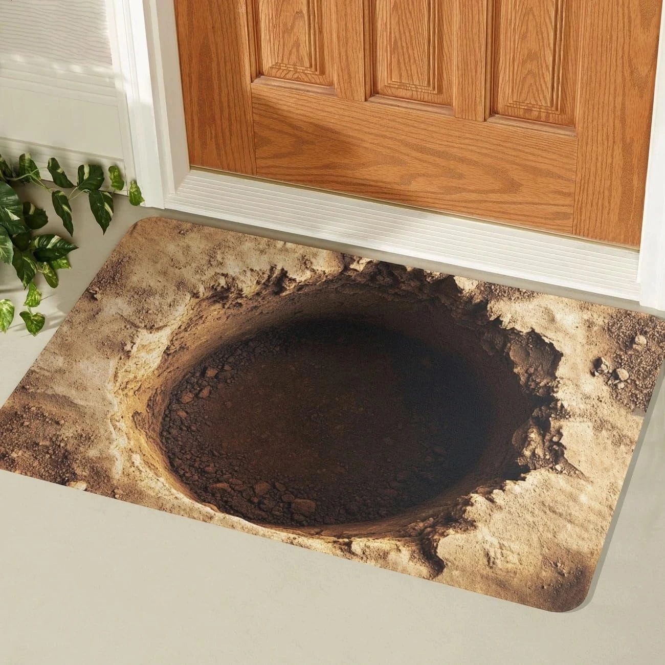 3D Visual Illusion Tree Hole Door Mat Natural Rock Texture Design Rectangular Entryway Rug Indoor Outdoor Anti-slip Carpet
