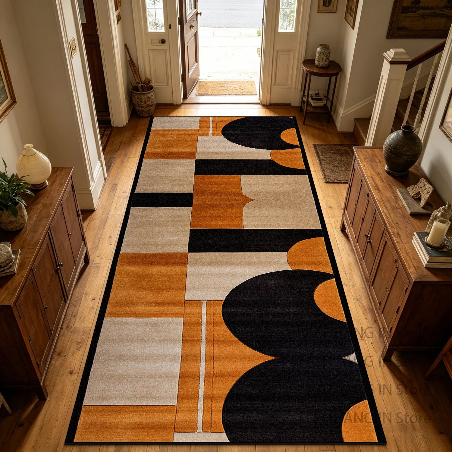 Retro Geometric Style Long Corridor Carpet Decoration Stairway Doorway Non-slip Rug Easy Clean Lint-free Long Runner Floor Mats