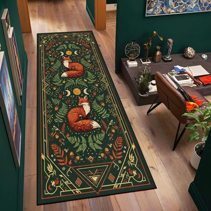 Boho Fox Forest Graphic Runner Rug Moon Phase Fern Print Hallway Mat Non-Slip Welcome Rug for Corridor Kitchen Bedroom