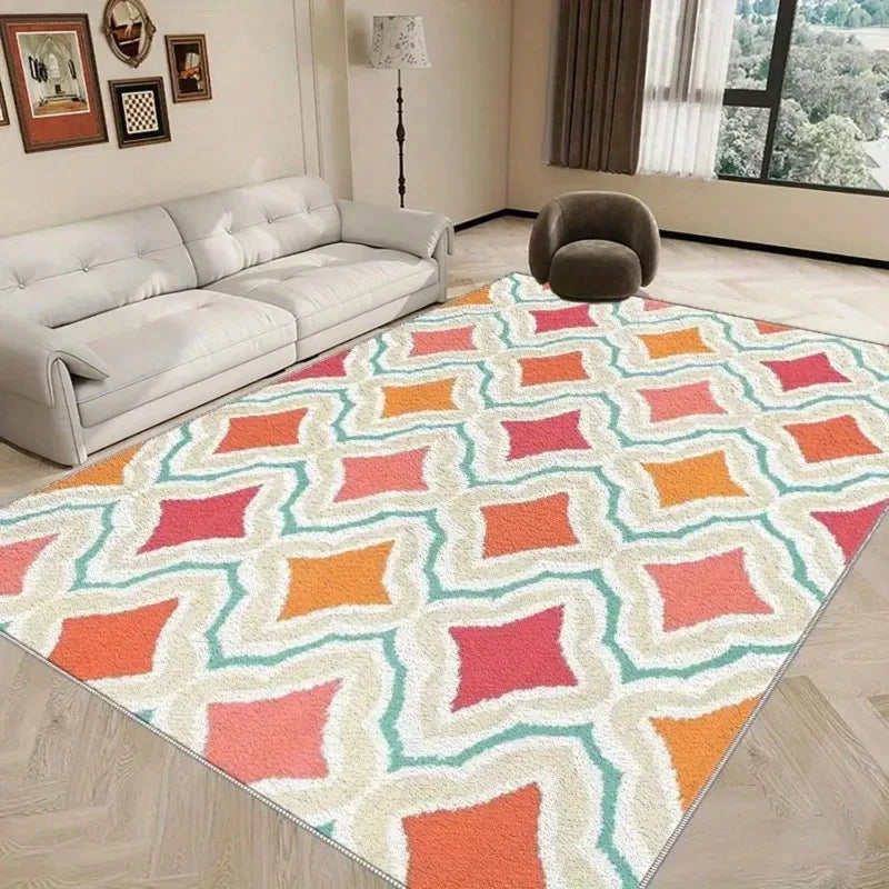 Abstract Geometric Pattern Print Flannel Area Rug Vibrant Colors Modern Art Design Soft Comfortable Floor Mat Use