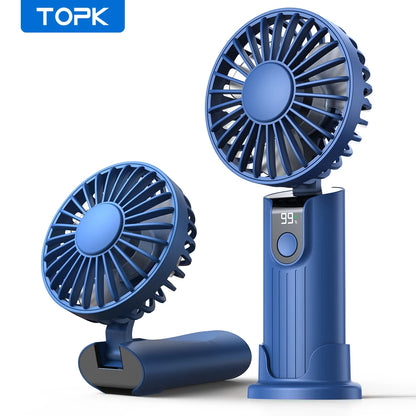 TOPK 5000mAh Mini Portable Fan USB Rechargeable Hand Held Fan,Small Pocket Fan 3 Speeds with Lanyard &amp;Base,USB Desk Fan Foldable