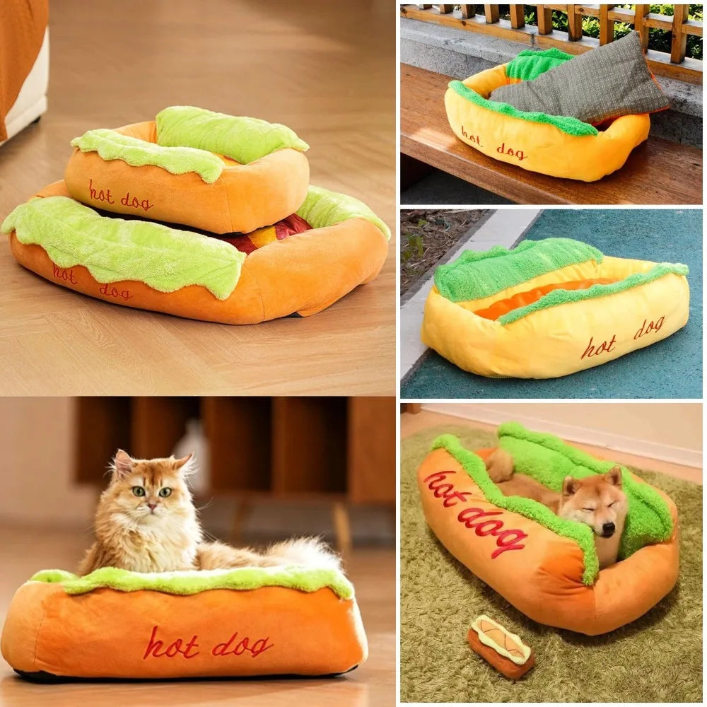 Pet Hot Dog Kennel Cute Cartoon Sausage Kennel Warm Comfortable Cat Dog Bed Sofa Removable Washable Pet Mat Pet Puppies Supplies