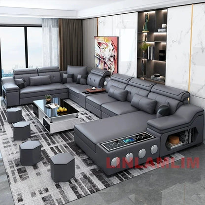 Modern Tech Fabric Sectional Sofa Set with Chaise Lounge, Bluetooth Speakers & USB Charging Ports