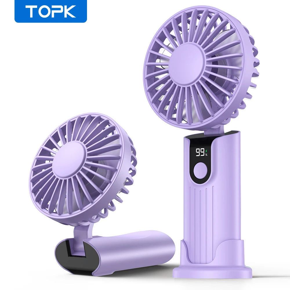 TOPK 5000mAh Mini Portable Fan USB Rechargeable Hand Held Fan,Small Pocket Fan 3 Speeds with Lanyard &amp;Base,USB Desk Fan Foldable