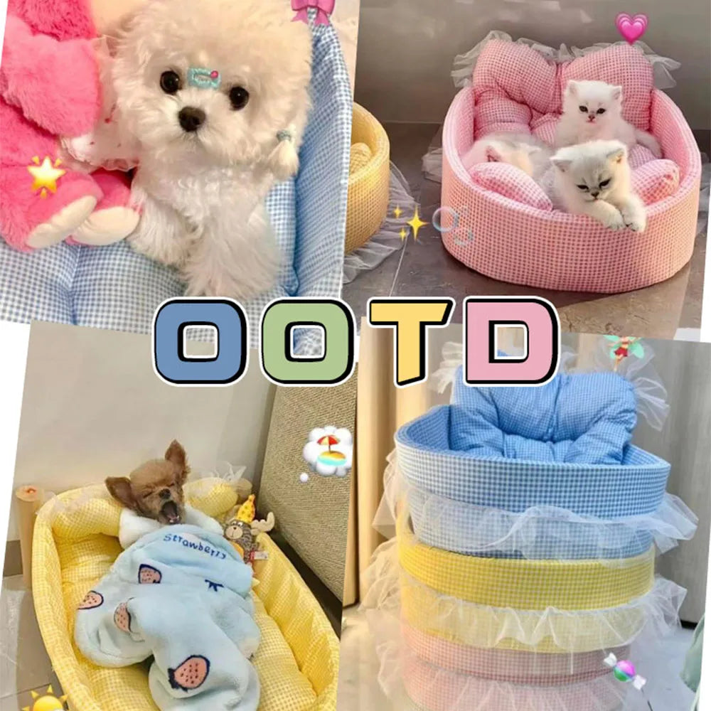Cute Lace-Trimmed Pet Cat Princess Sofa Bed For Four Seasons  Washable and Removable Soft Plush Oval for Small Dogs/Cats