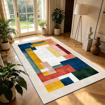 Nordic Geometric Color-Block Washable Living Room Rug – Non-Slip Large Carpet