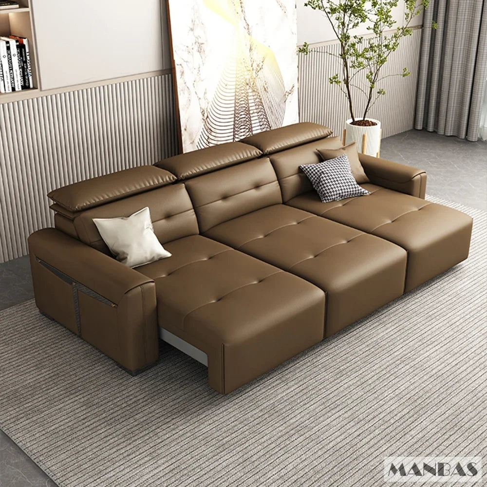 Electric Convertible Leather Sofa Bed with Adjustable Headrest