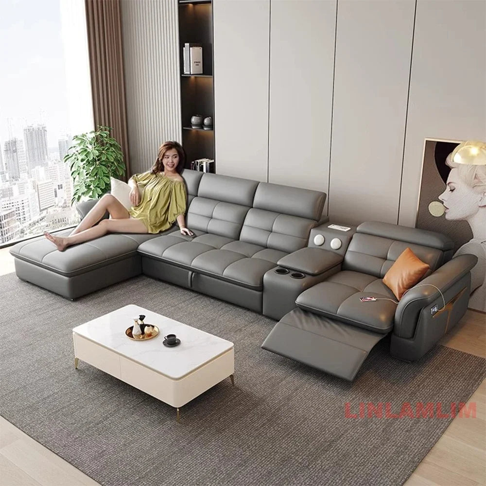 Modern L-Shaped Electric Recliner Sofa Bed – Italian Leather Sectional Couch