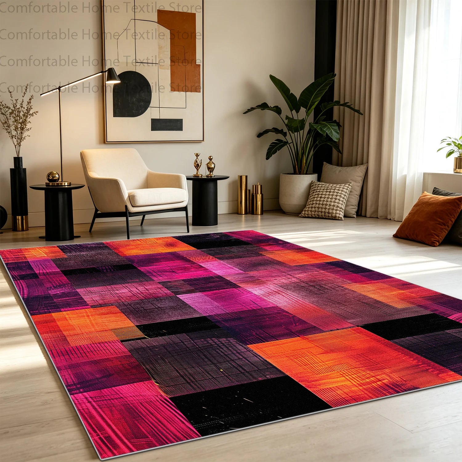 Modern Abstract Style Art Grid Lounge Carpet Non-slip Fluffy Soft Living Room Rug Washable Foldable Big Size Dining Room Mat