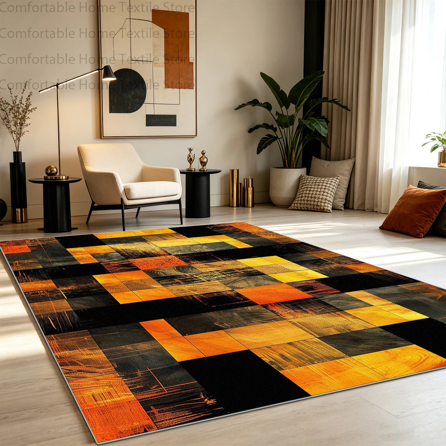 Modern Abstract Style Art Grid Lounge Carpet Non-slip Fluffy Soft Living Room Rug Washable Foldable Big Size Dining Room Mat