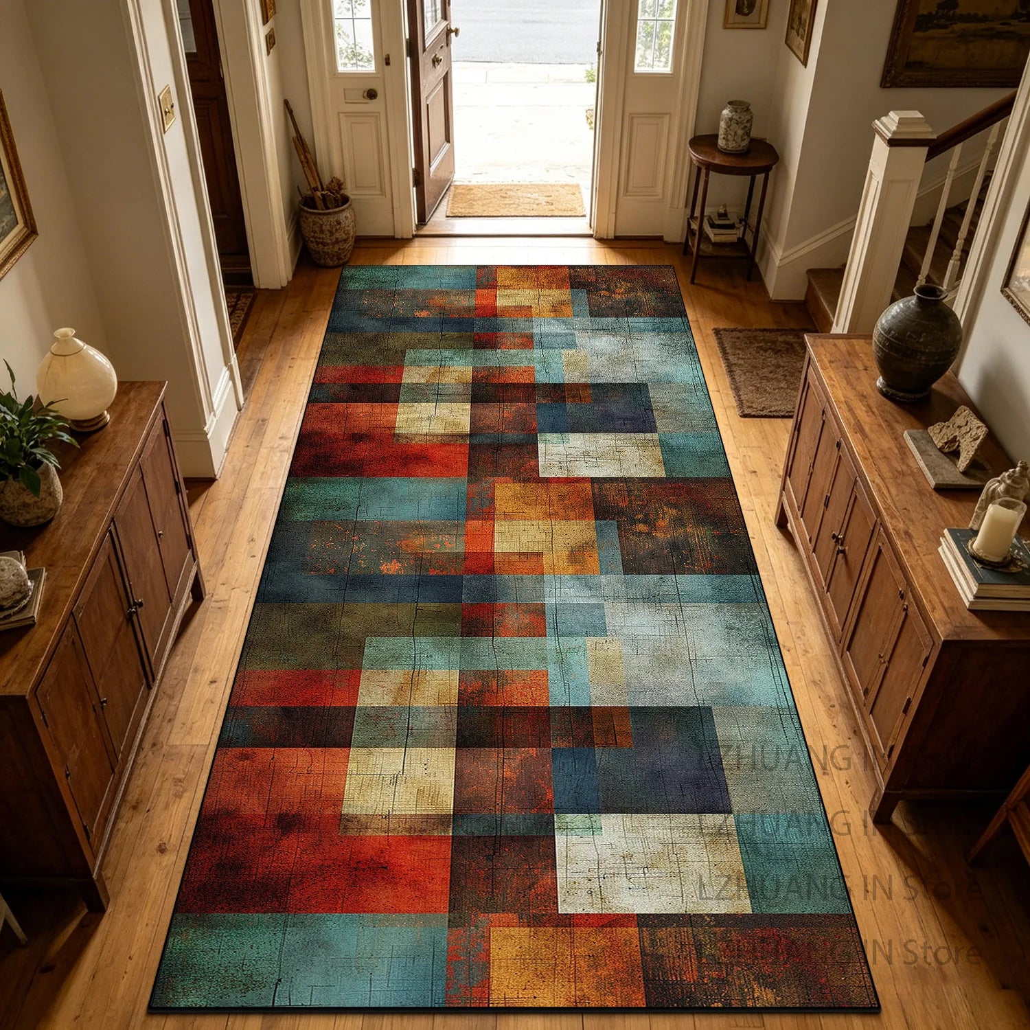 Retro Geometric Style Long Corridor Carpet Decoration Stairway Doorway Non-slip Rug Easy Clean Lint-free Long Runner Floor Mats