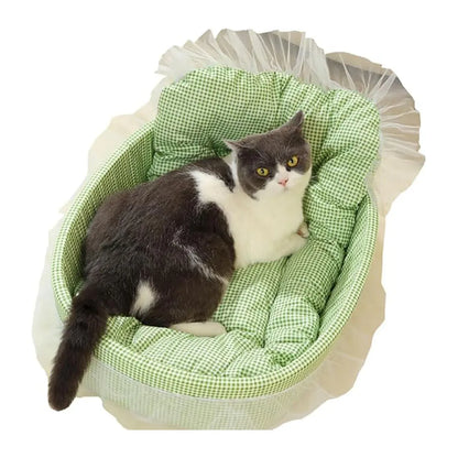 Cute Lace-Trimmed Pet Cat Princess Sofa Bed For Four Seasons  Washable and Removable Soft Plush Oval for Small Dogs/Cats