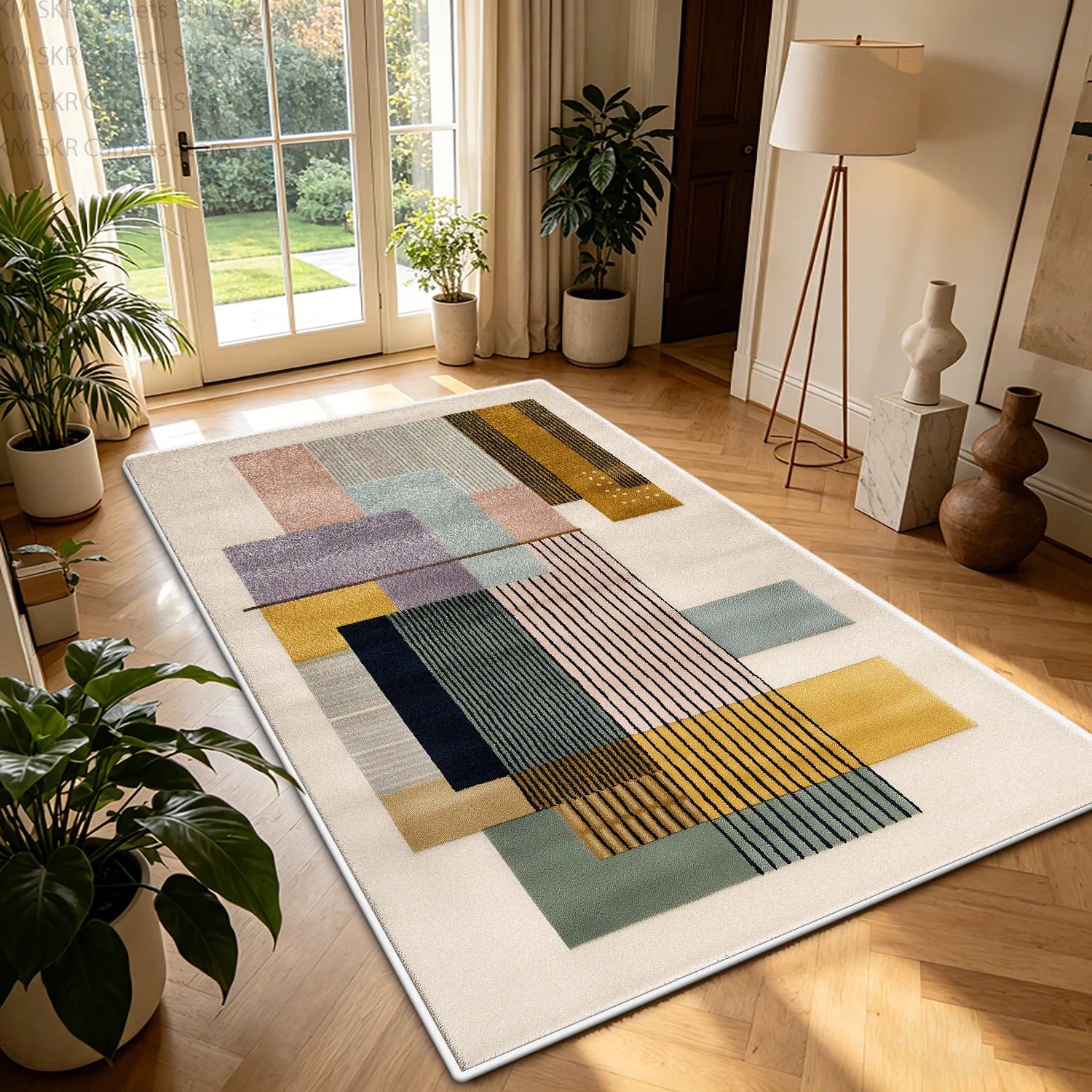 Nordic Geometric Color-Block Washable Living Room Rug – Non-Slip Large Carpet