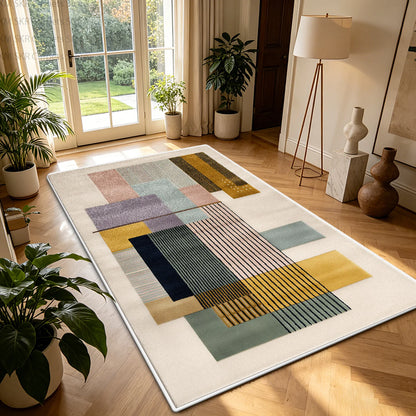 Nordic Geometric Color-Block Washable Living Room Rug – Non-Slip Large Carpet
