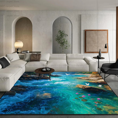 3D Ocean Beach Print Living Room Carpet Light Luxury Decoration Home Sofa Area Washable Rugs Hotel Bedroom Bedside Soft Foot Mat