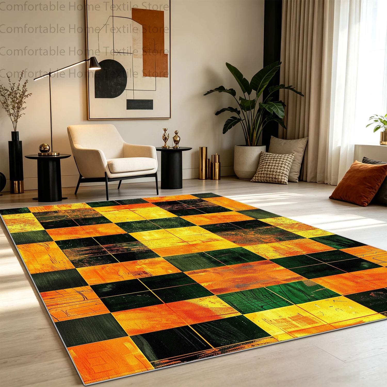 Modern Abstract Style Art Grid Lounge Carpet Non-slip Fluffy Soft Living Room Rug Washable Foldable Big Size Dining Room Mat