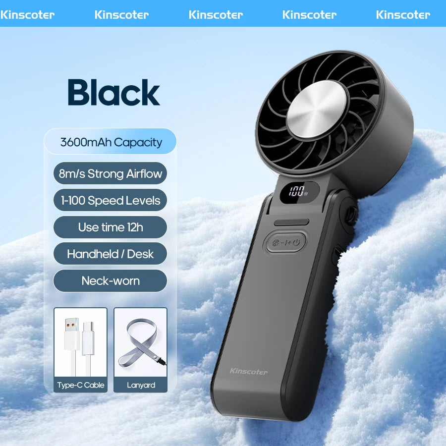 Portable High Speed Cooling Handheld Fan 3600mAh Rechargeable 100 Speed Adjustable Mini Foldable Air Cooling Turbo Fan &amp; Lanyard