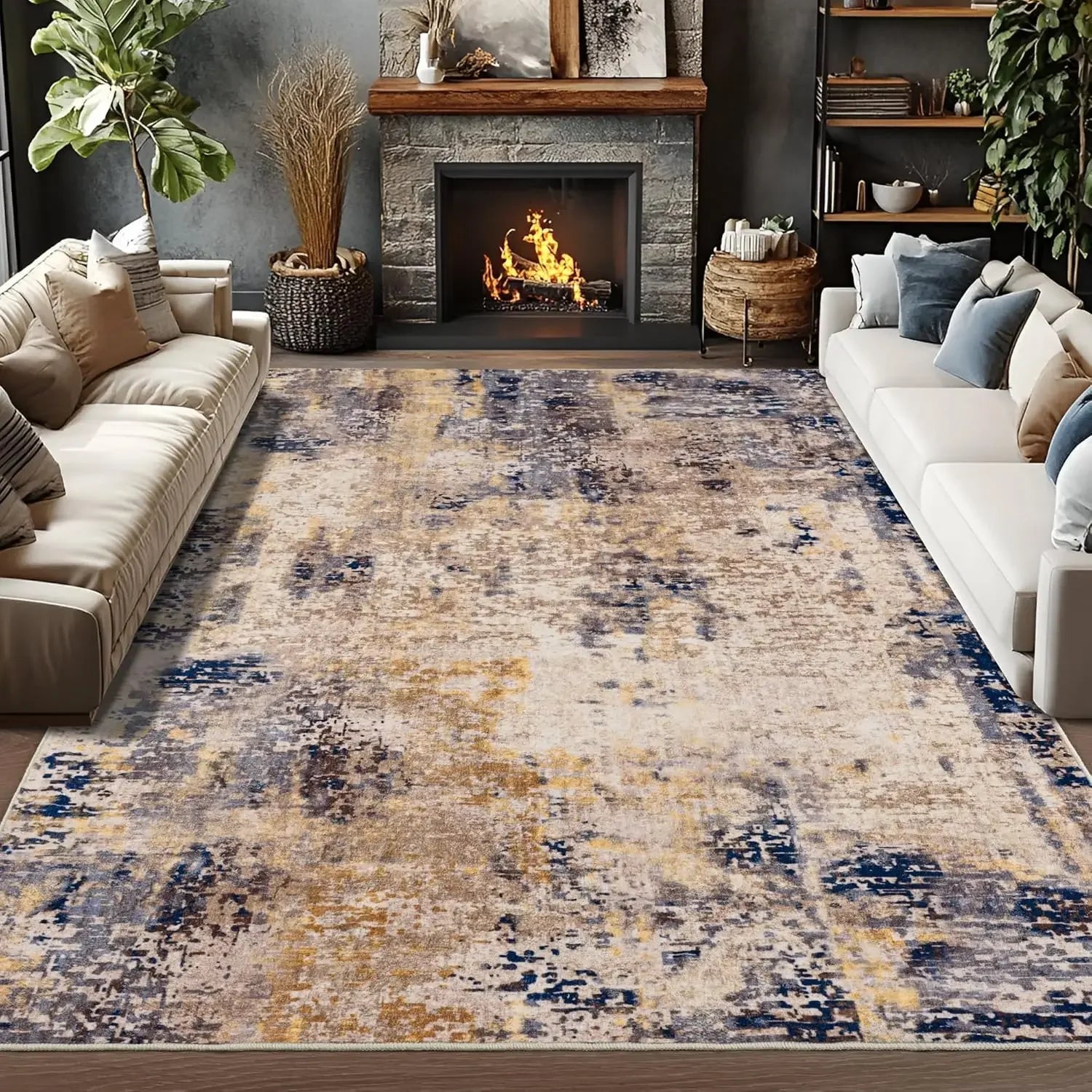 VIKAMA Modern Abstract Washable Area Rugs for Bedroom Stain Resistant Non Slip Large Blue Soft Indoor Carpet for Home Decor