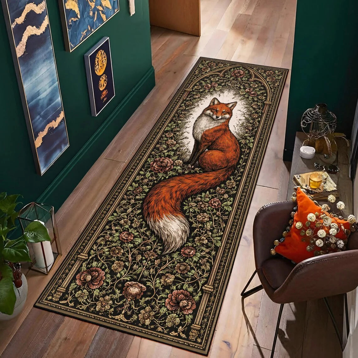 Boho Fox Forest Graphic Runner Rug Moon Phase Fern Print Hallway Mat Non-Slip Welcome Rug for Corridor Kitchen Bedroom