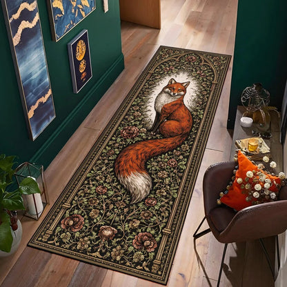 Boho Fox Forest Graphic Runner Rug Moon Phase Fern Print Hallway Mat Non-Slip Welcome Rug for Corridor Kitchen Bedroom