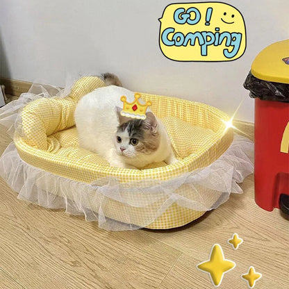 Cute Lace-Trimmed Pet Cat Princess Sofa Bed For Four Seasons  Washable and Removable Soft Plush Oval for Small Dogs/Cats