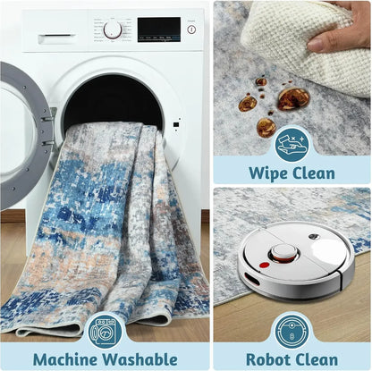 VIKAMA Modern Abstract Washable Area Rugs for Bedroom Stain Resistant Non Slip Large Blue Soft Indoor Carpet for Home Decor
