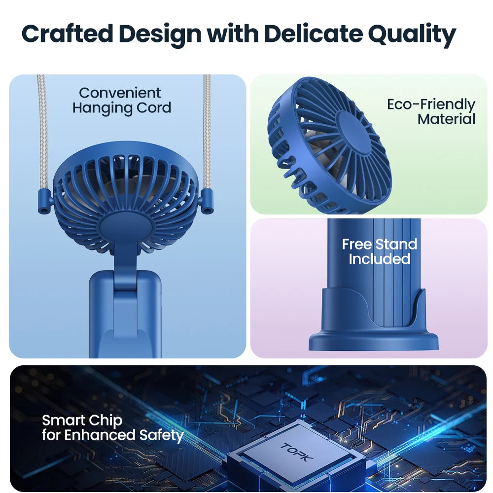 TOPK 5000mAh Mini Portable Fan USB Rechargeable Hand Held Fan,Small Pocket Fan 3 Speeds with Lanyard &amp;Base,USB Desk Fan Foldable