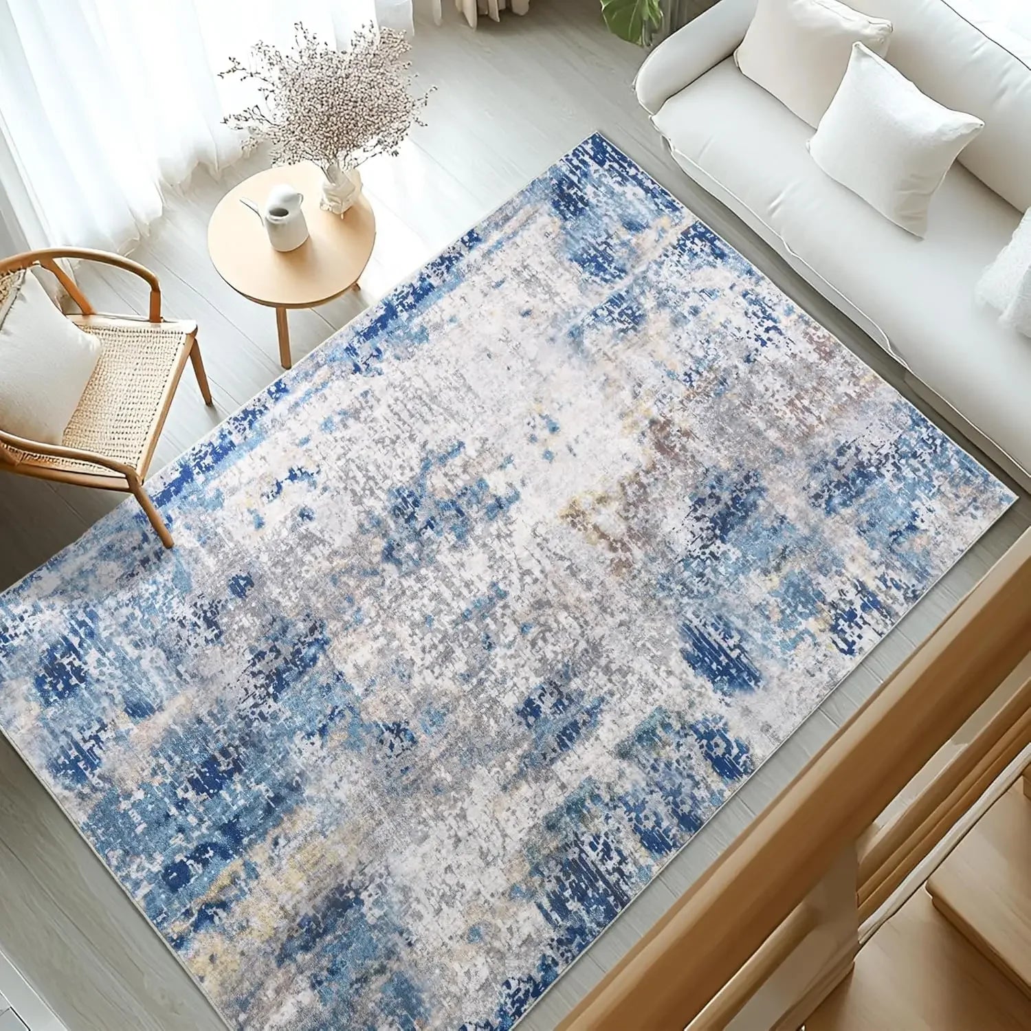 VIKAMA Modern Abstract Washable Area Rugs for Bedroom Stain Resistant Non Slip Large Blue Soft Indoor Carpet for Home Decor