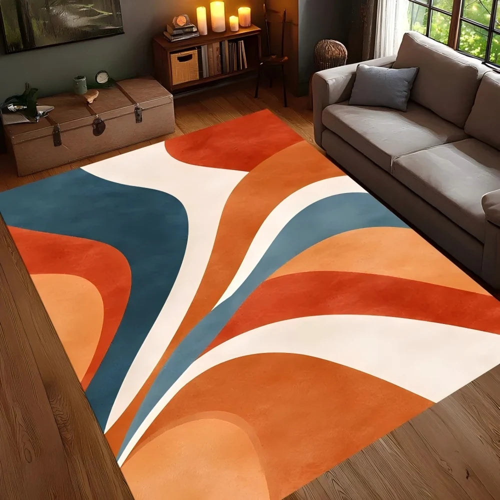 Vikama  Curved Abstract Pattern Carpet - Orange And Blue - Medieval Modern Style Carpet - Colorful Geometric Patterns - Floor De