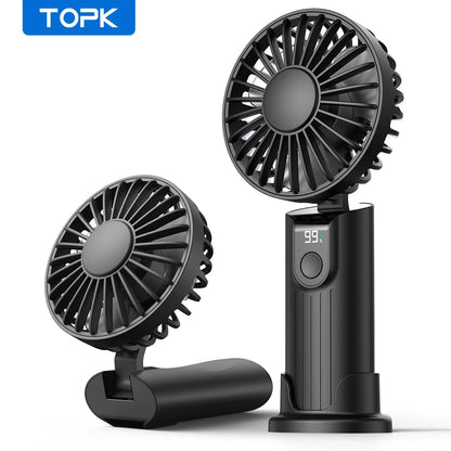 TOPK 5000mAh Mini Portable Fan USB Rechargeable Hand Held Fan,Small Pocket Fan 3 Speeds with Lanyard &amp;Base,USB Desk Fan Foldable