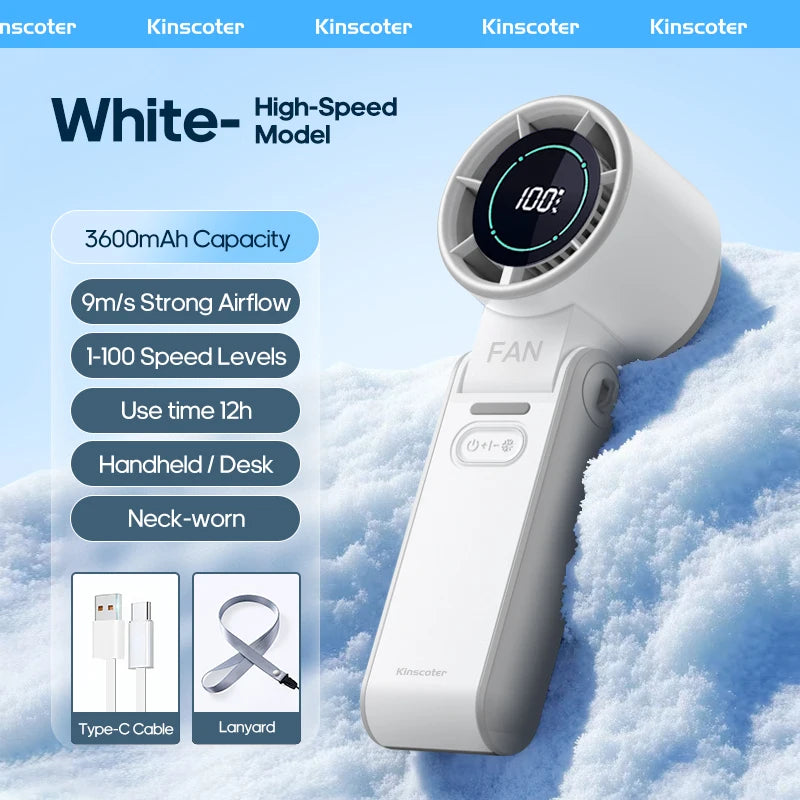 Portable High Speed Cooling Handheld Fan 3600mAh Rechargeable 100 Speed Adjustable Mini Foldable Air Cooling Turbo Fan &amp; Lanyard