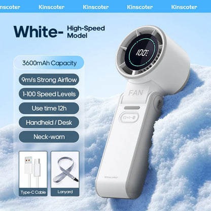 Portable High Speed Cooling Handheld Fan 3600mAh Rechargeable 100 Speed Adjustable Mini Foldable Air Cooling Turbo Fan &amp; Lanyard