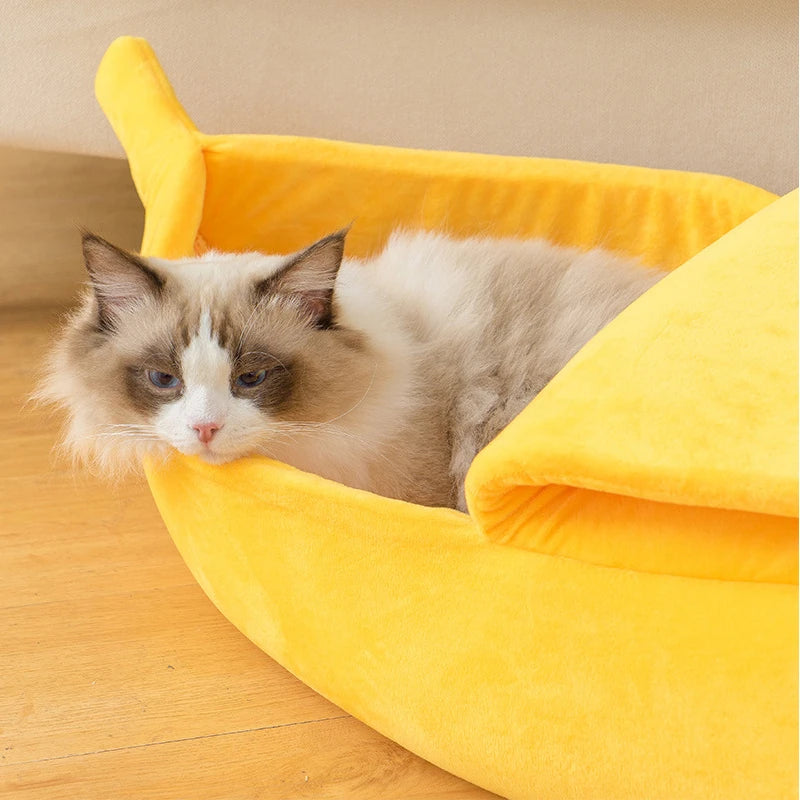 Semi Enclosed Banana Shaped Plush Pet Nest Warm Cat Dog Sleeping Bed Soft Villa House For Squirrel Totoro Small Animals