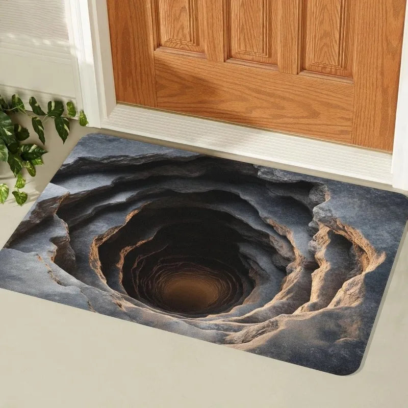 3D Visual Illusion Tree Hole Door Mat Natural Rock Texture Design Rectangular Entryway Rug Indoor Outdoor Anti-slip Carpet