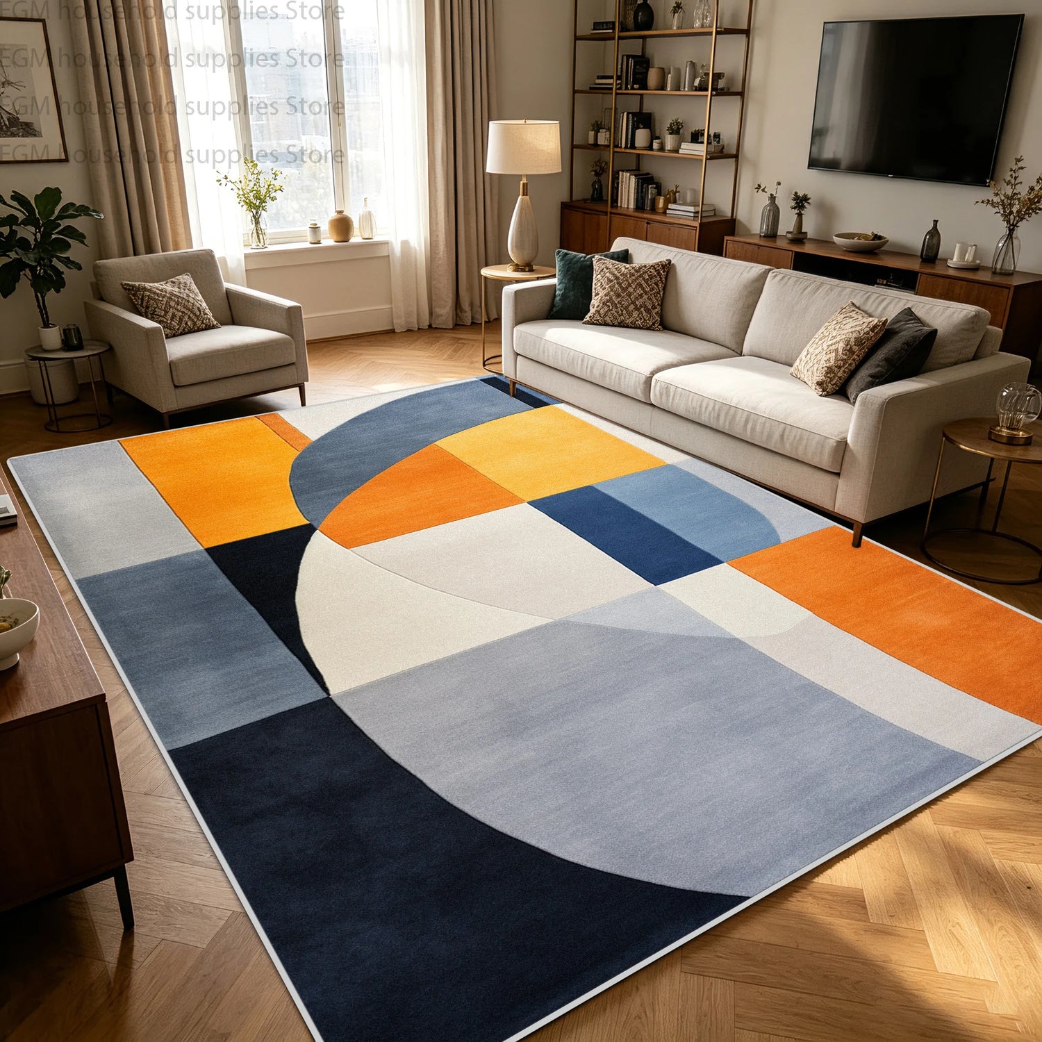 Modern Blue Orange Geometric Abstract Carpet Living Room Large Area Rugs Bedroom Decor Washable Non-slip Soft Fluffy Floor Mat