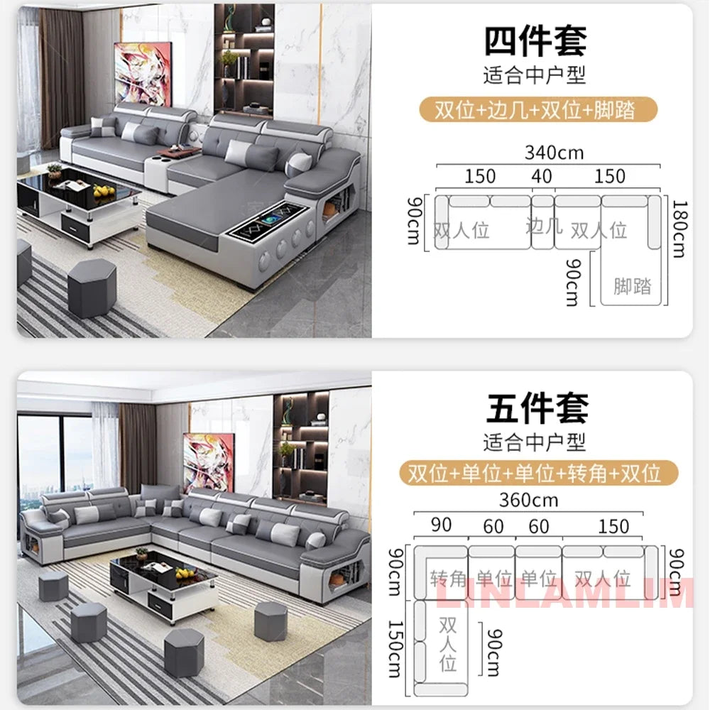 Modern Tech Fabric Sectional Sofa Set with Chaise Lounge, Bluetooth Speakers & USB Charging Ports