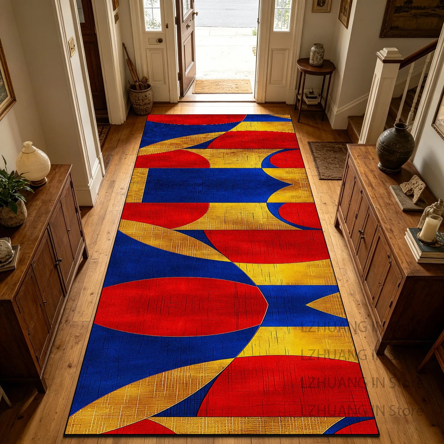 Retro Geometric Style Long Corridor Carpet Decoration Stairway Doorway Non-slip Rug Easy Clean Lint-free Long Runner Floor Mats