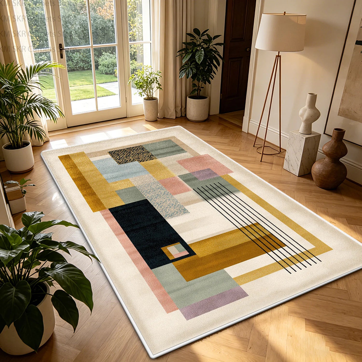 Nordic Geometric Color-Block Washable Living Room Rug – Non-Slip Large Carpet