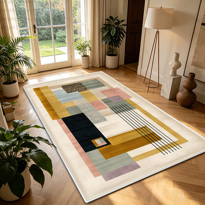 Nordic Geometric Color-Block Washable Living Room Rug – Non-Slip Large Carpet