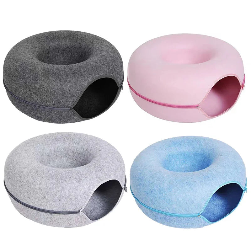 Cat Bed Donut Shape Pet Interactive House for 2 Cats Felt Tunnel Kitten Beds Removable Half Closed Cat Cave Nest Pets Supplies